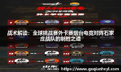 战术解读：全球挑战赛外卡赛烟台电竞对阵石家庄战队的制胜之道